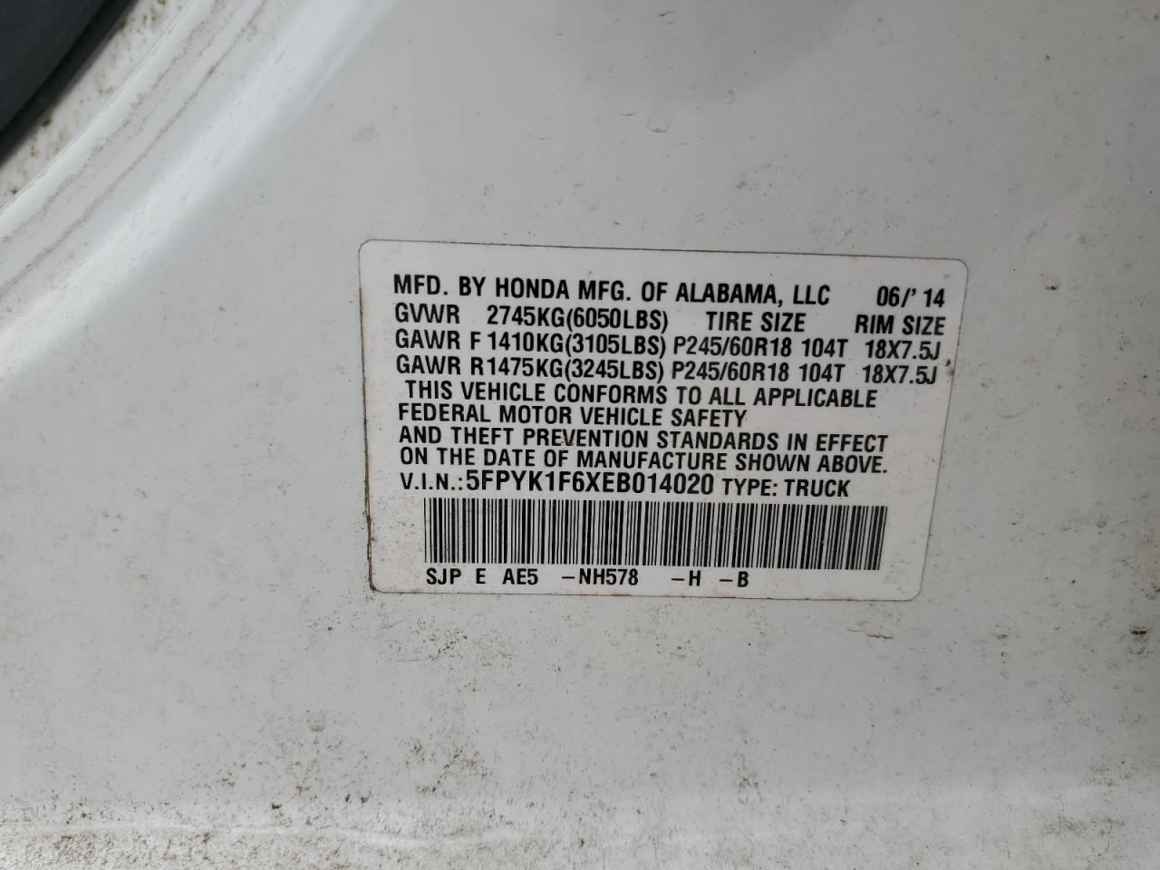 2014 Honda Ridgeline Rtl-S VIN: 5FPYK1F6XEB014020 Lot: 81117695