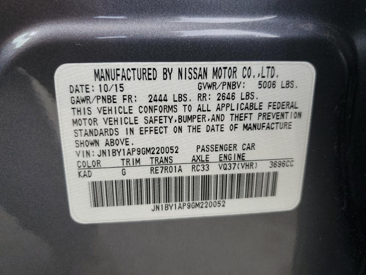 2016 Infiniti Q70 3.7 VIN: JN1BY1AP9GM220052 Lot: 80322845