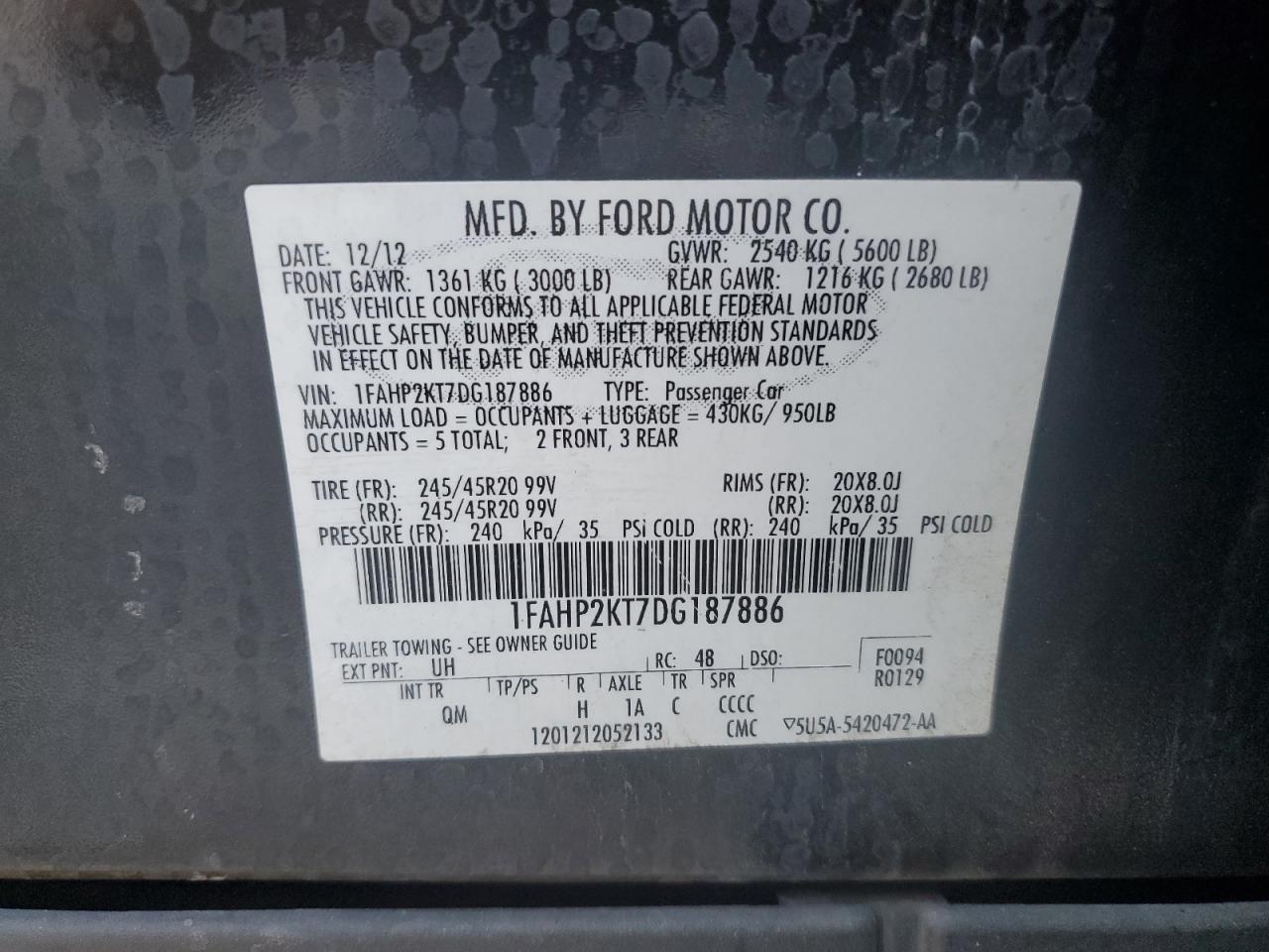 2013 Ford Taurus Sho VIN: 1FAHP2KT7DG187886 Lot: 81114045