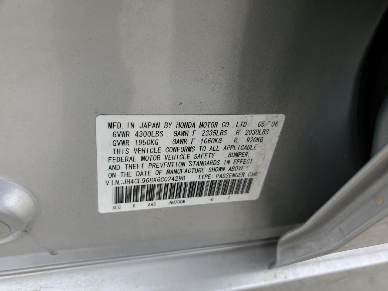 2006 Acura Tsx VIN: JH4CL968X6C024298 Lot: 81745095