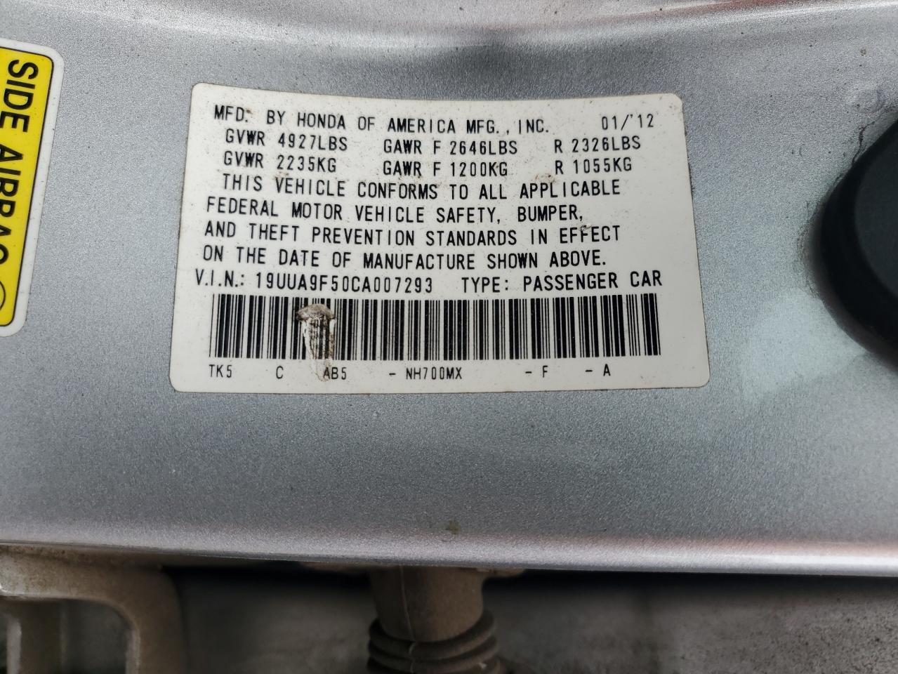 2012 Acura Tl VIN: 19UUA9F50CA007293 Lot: 80850905