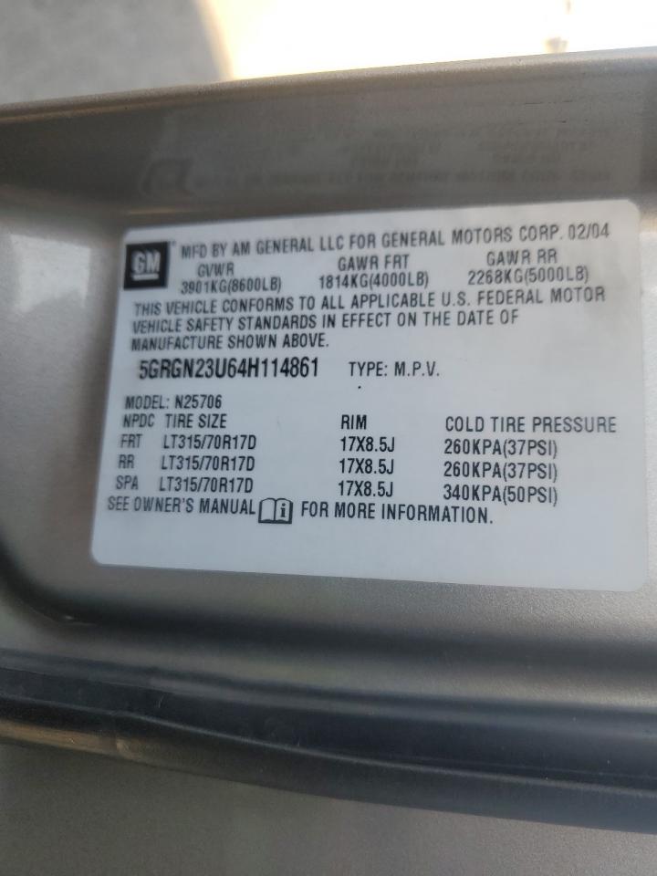 2004 Hummer H2 VIN: 5GRGN23U64H114861 Lot: 83830545