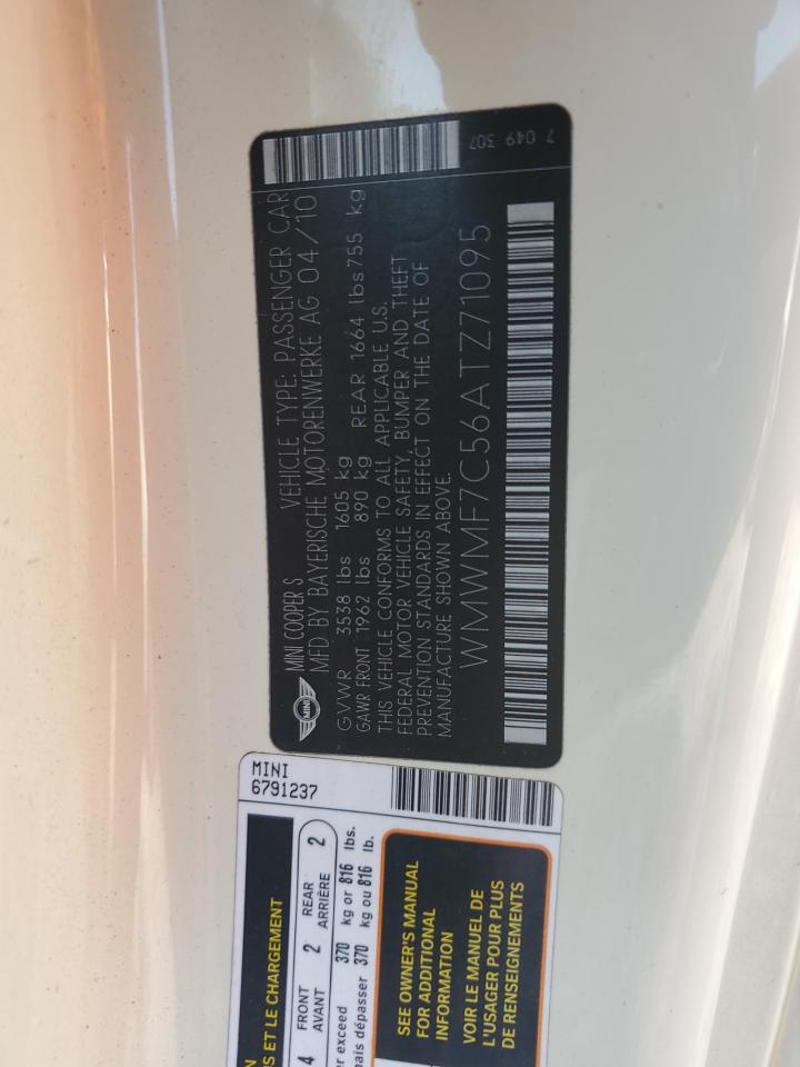 2010 Mini Cooper S VIN: WMWMF7C56ATZ71095 Lot: 81569115