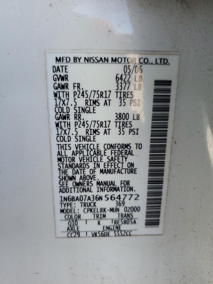 2006 Nissan Titan Xe VIN: 1N6BA07A36N564772 Lot: 80403035