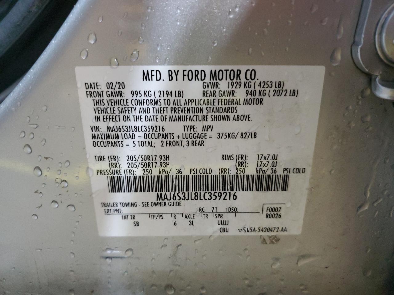 2020 Ford Ecosport Ses VIN: MAJ6S3JL8LC359216 Lot: 83751835