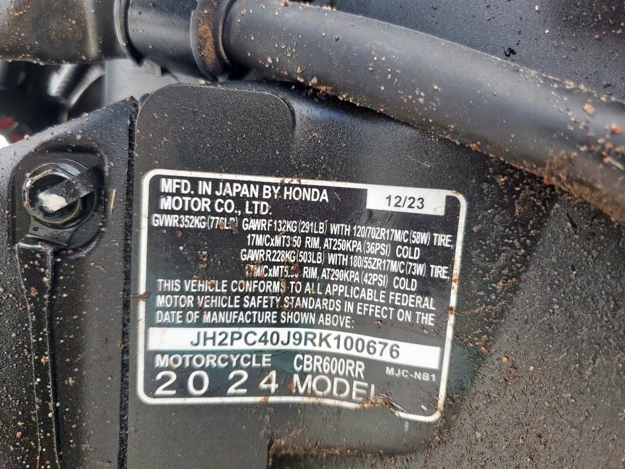 2024 Honda Cbr600 Rr VIN: JH2PC40J9RK100676 Lot: 80131815