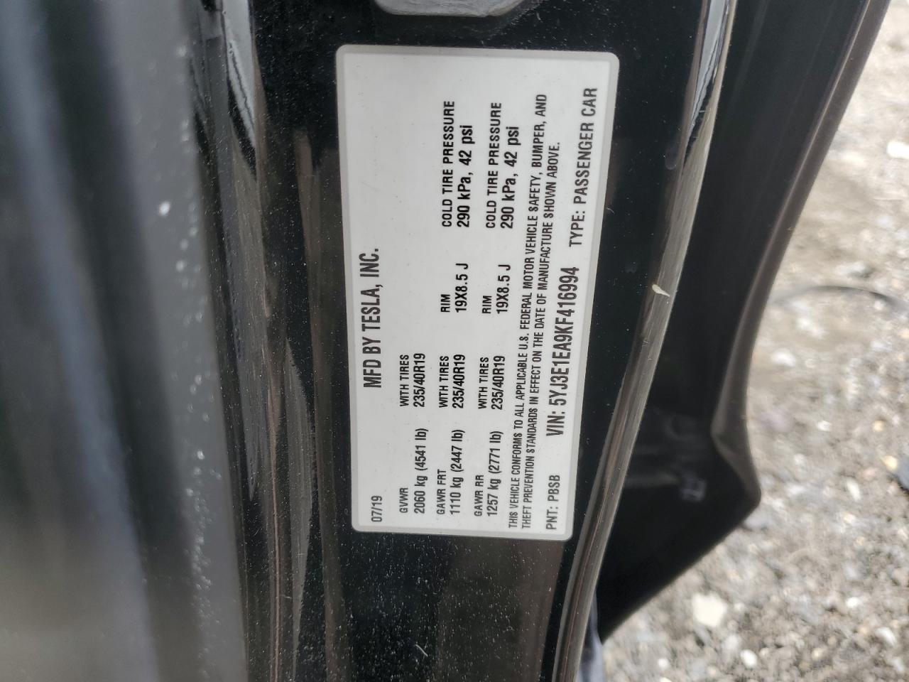 2019 Tesla Model 3 VIN: 5YJ3E1EA9KF416994 Lot: 84543345