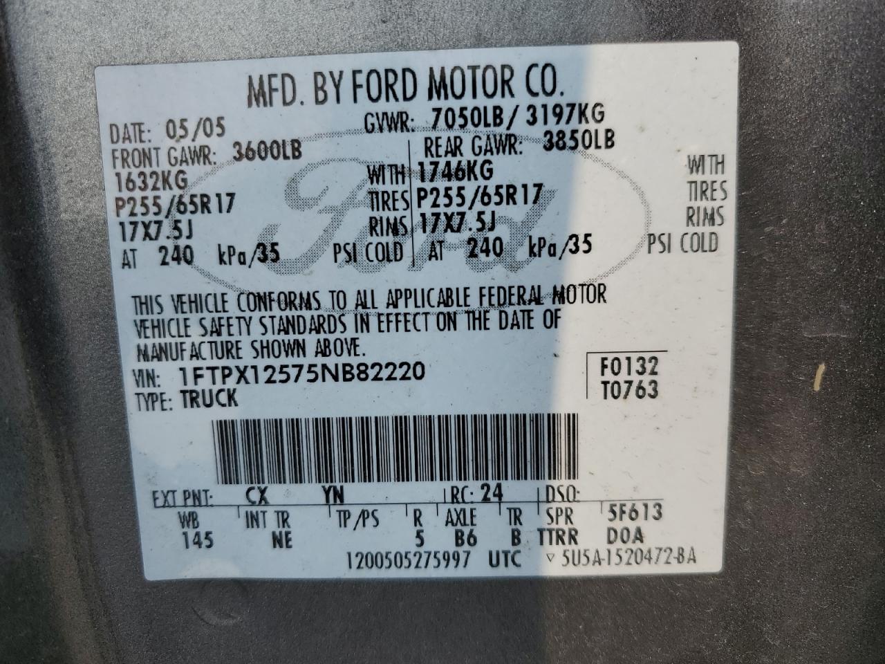 2005 Ford F150 VIN: 1FTPX12575NB82220 Lot: 71459485