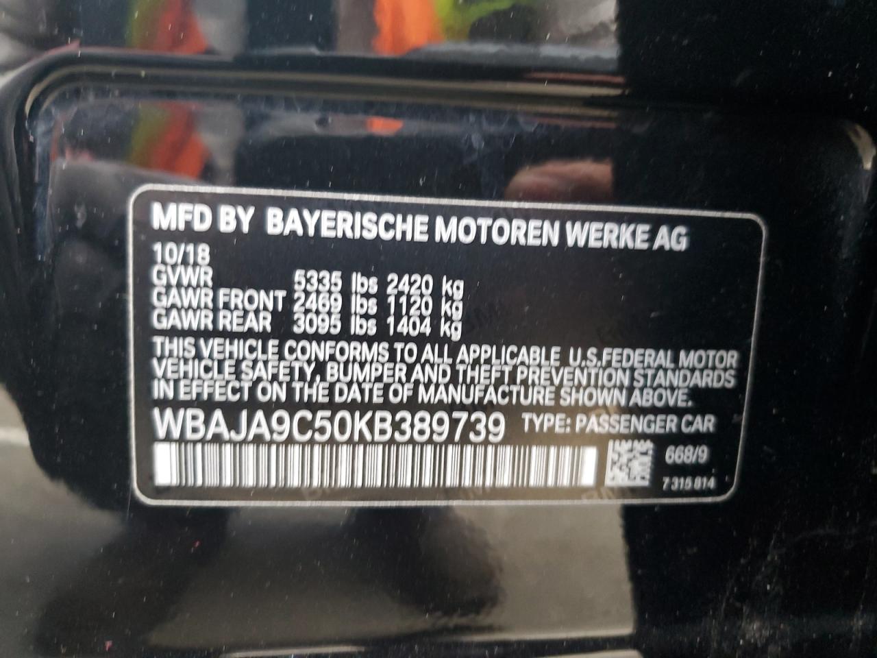 2019 BMW 530E VIN: WBAJA9C50KB389739 Lot: 81418465