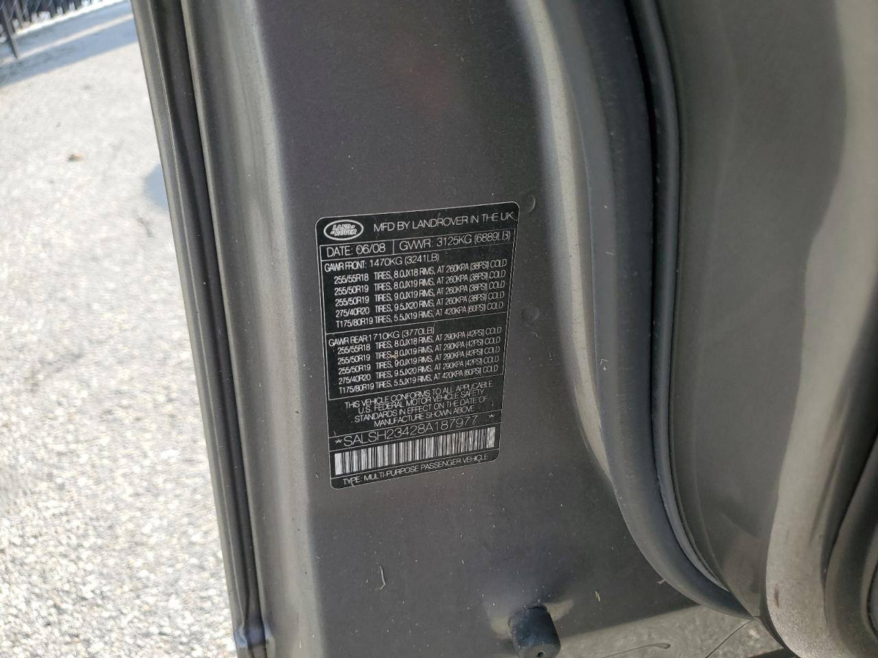 2008 Land Rover Range Rover Sport Supercharged VIN: SALSH23428A187977 Lot: 72000685