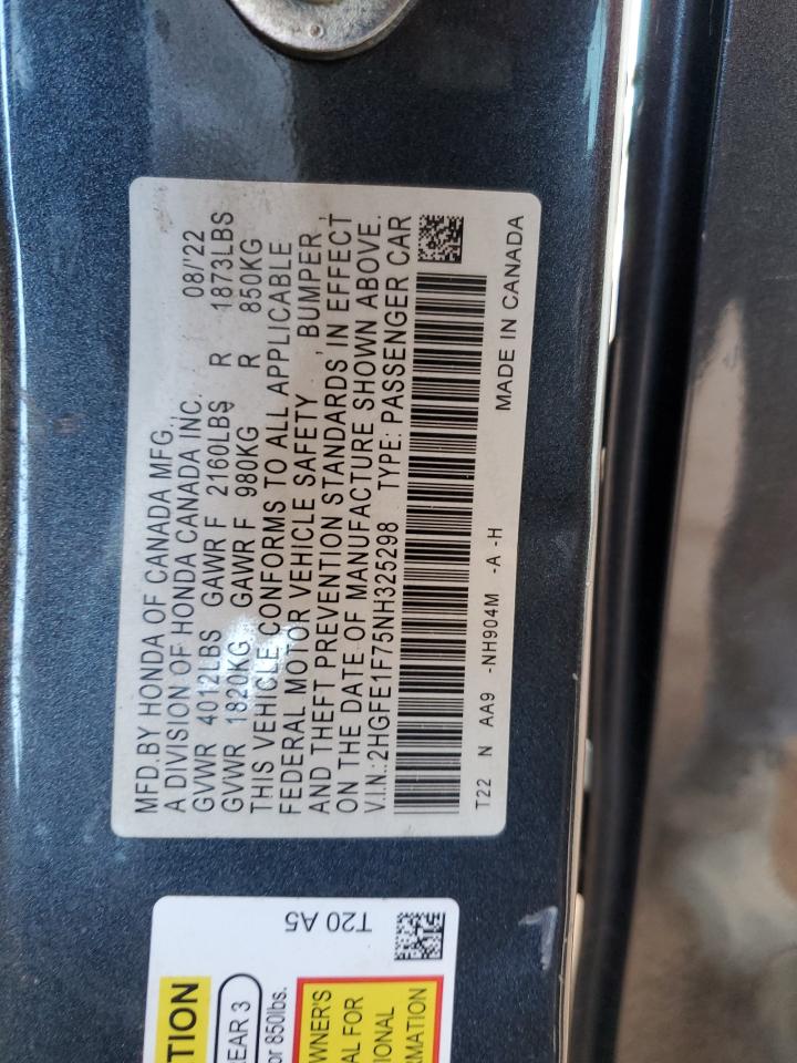 2022 Honda Civic Ex VIN: 2HGFE1F75NH325298 Lot: 84616805