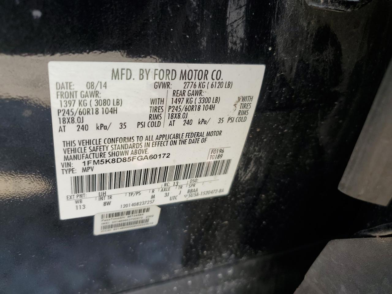 2015 Ford Explorer Xlt VIN: 1FM5K8D85FGA60172 Lot: 81644555