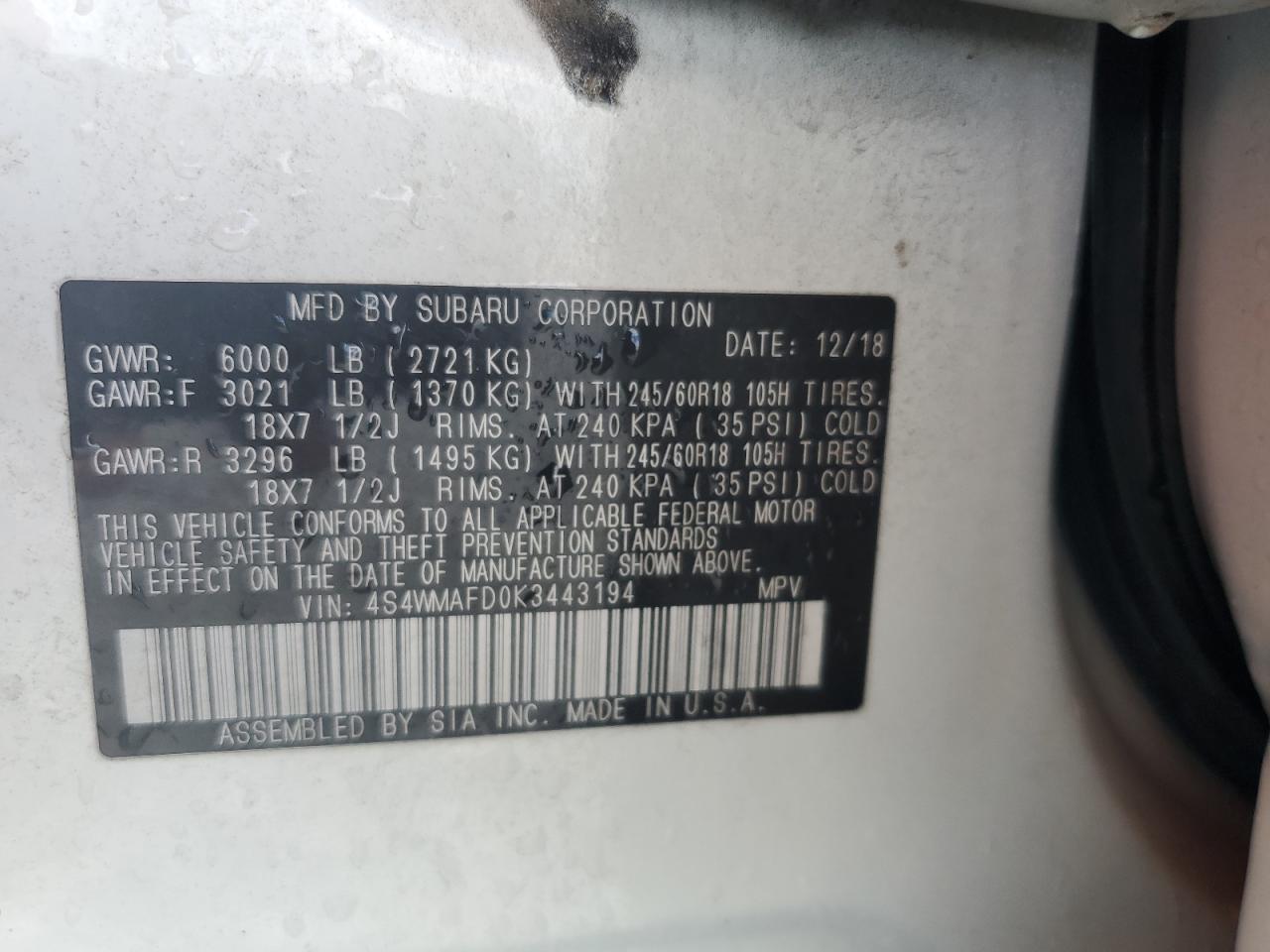 2019 Subaru Ascent Premium VIN: 4S4WMAFD0K3443194 Lot: 80962515