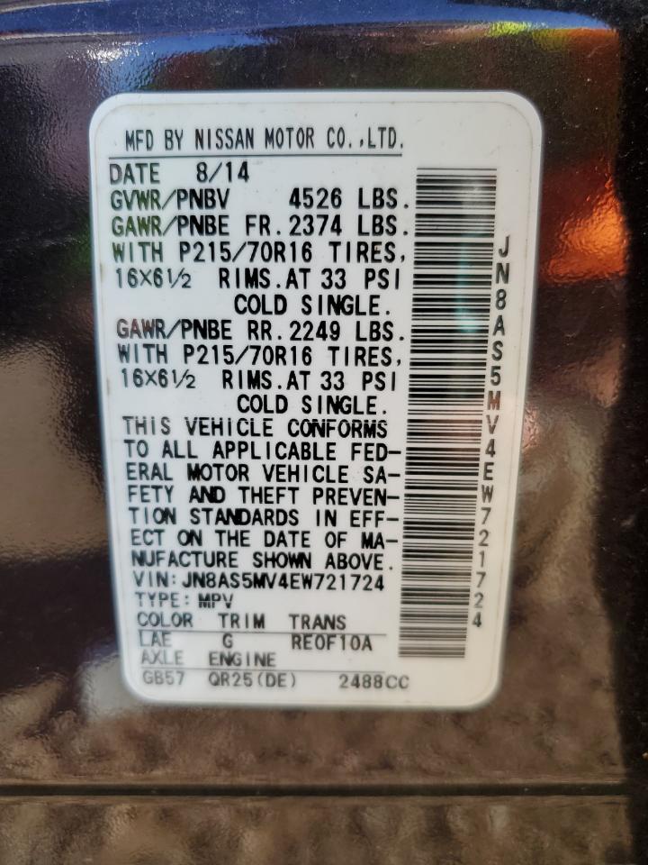 2014 Nissan Rogue Select S VIN: JN8AS5MV4EW721724 Lot: 80966245