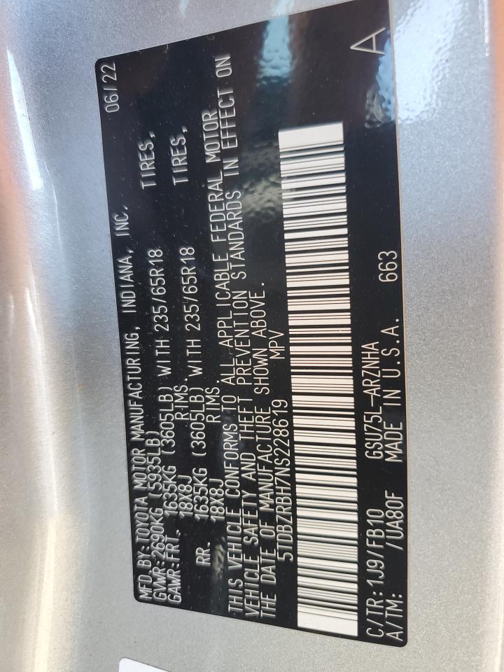 2022 Toyota Highlander L VIN: 5TDBZRBH7NS228619 Lot: 71181245