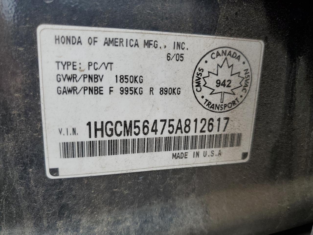 2005 Honda Accord Lx VIN: 1HGCM56475A812617 Lot: 81052655
