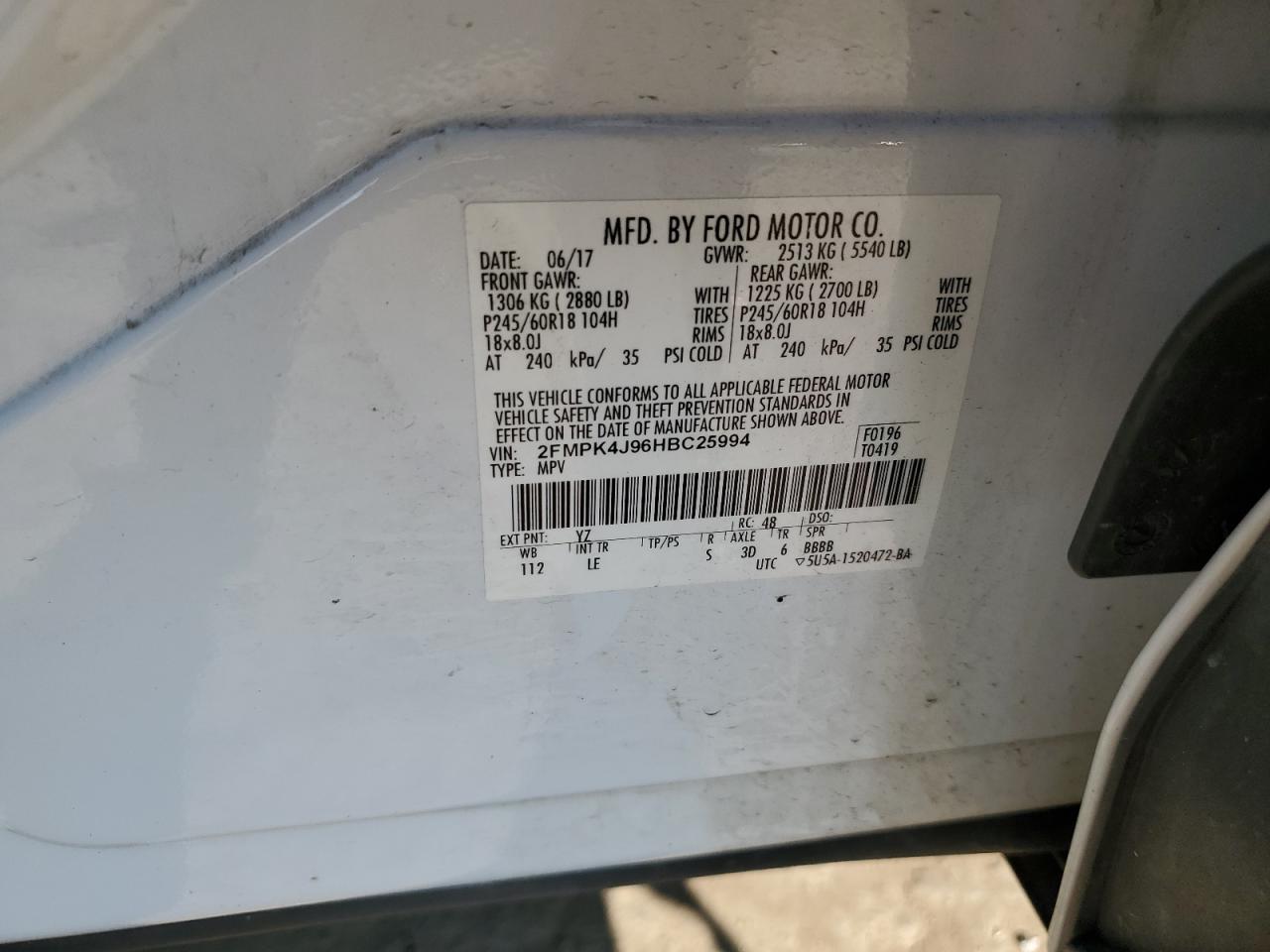 2017 Ford Edge Sel VIN: 2FMPK4J96HBC25994 Lot: 80852055