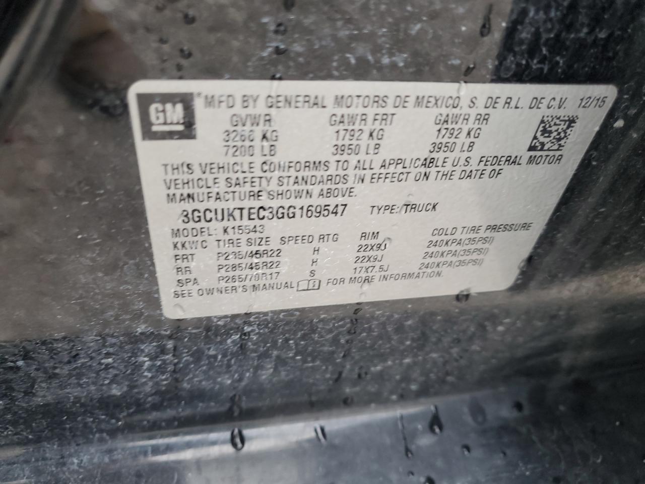 2016 Chevrolet Silverado K1500 High Country VIN: 3GCUKTEC3GG169547 Lot: 82149925