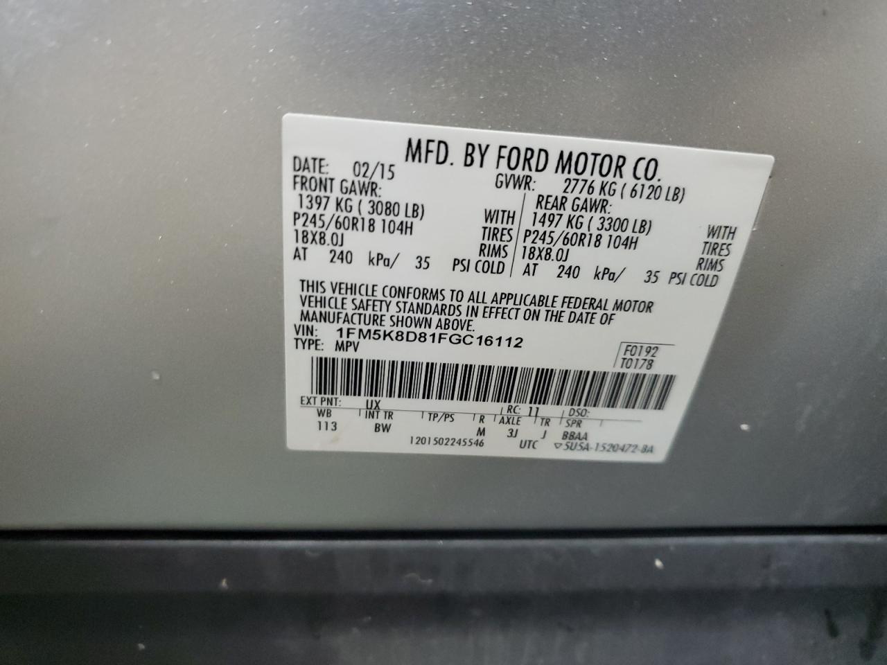 2015 Ford Explorer Xlt VIN: 1FM5K8D81FGC16112 Lot: 80367865