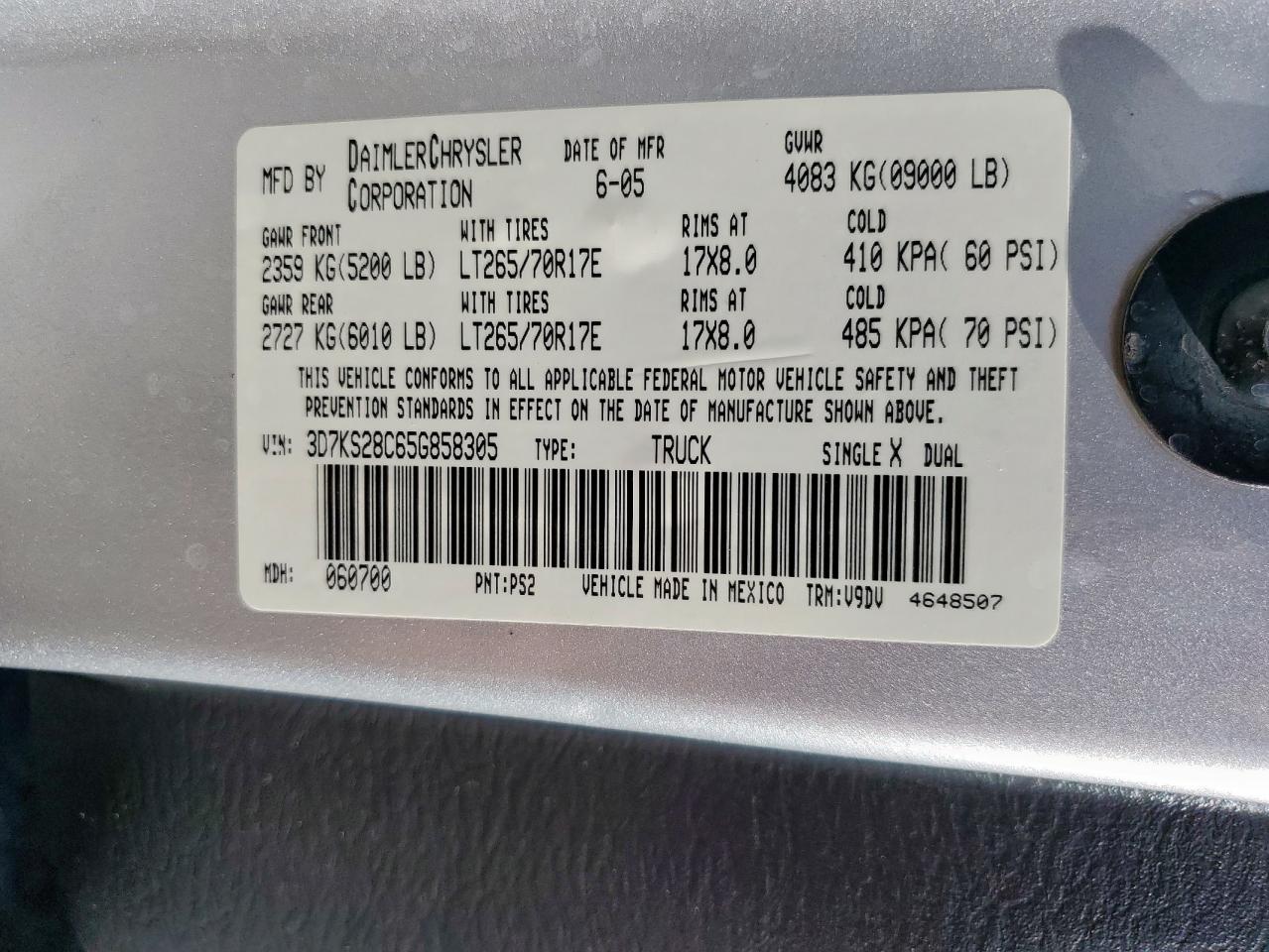 2005 Dodge Ram 2500 St VIN: 3D7KS28C65G858305 Lot: 83938215