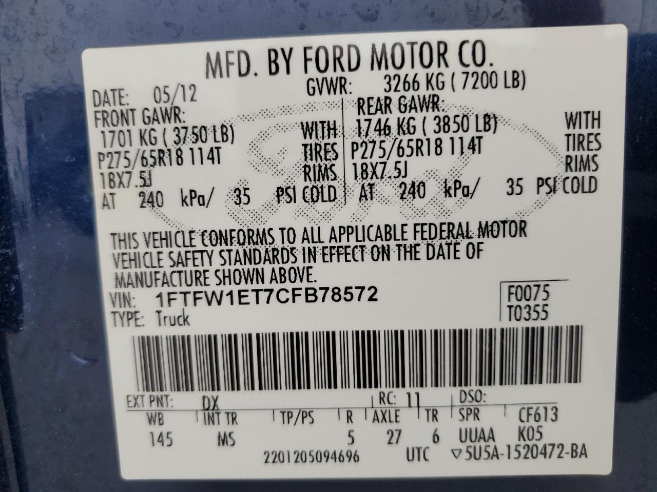 2012 Ford F150 Supercrew VIN: 1FTFW1ET7CFB78572 Lot: 82069545