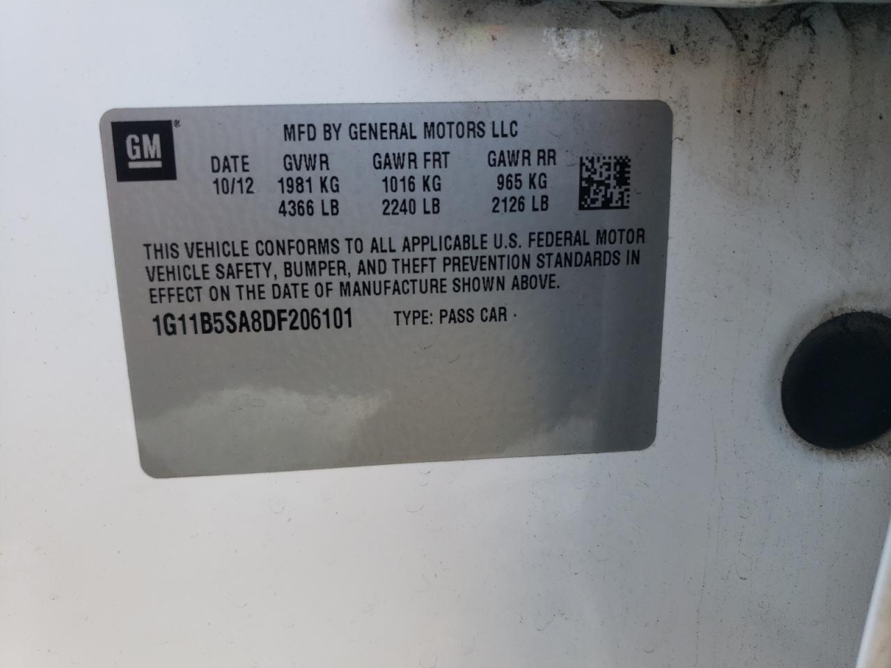 2013 Chevrolet Malibu Ls VIN: 1G11B5SA8DF206101 Lot: 81592785