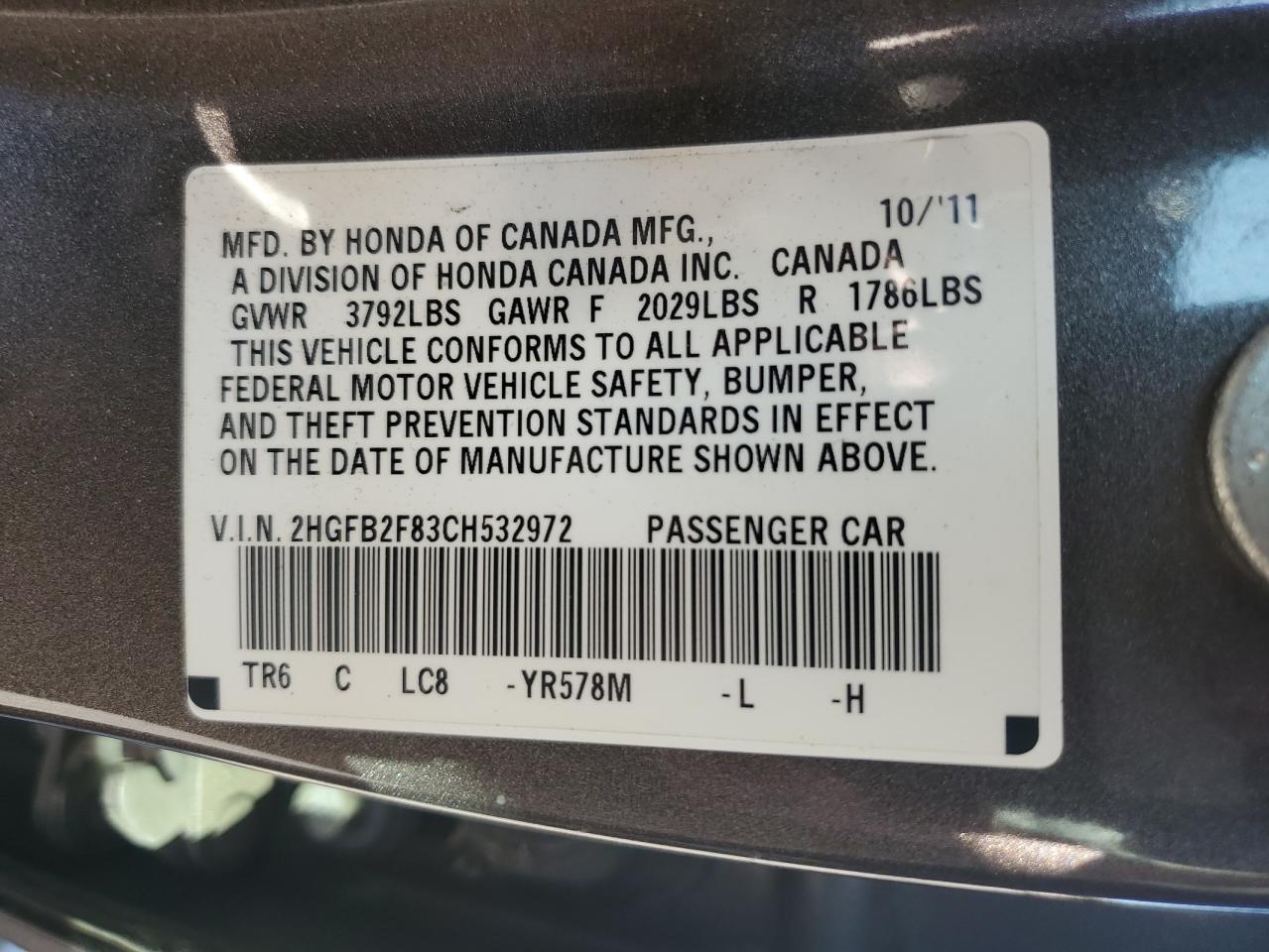 2012 Honda Civic Ex VIN: 2HGFB2F83CH532972 Lot: 81342005