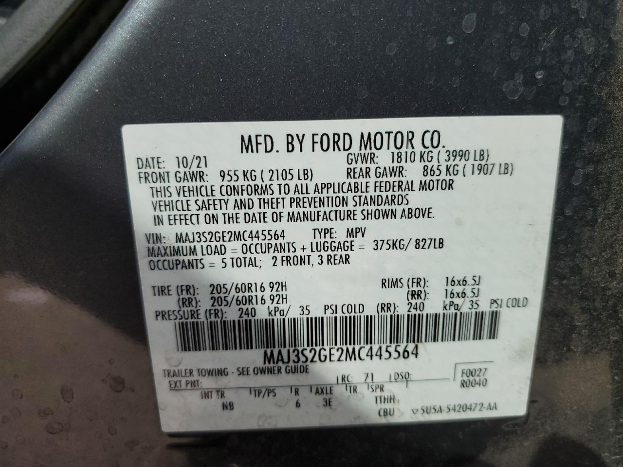 2021 Ford Ecosport Se VIN: MAJ3S2GE2MC445564 Lot: 81494605