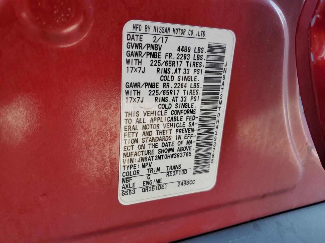 2017 Nissan Rogue S VIN: JN8AT2MT0HW393765 Lot: 82057655