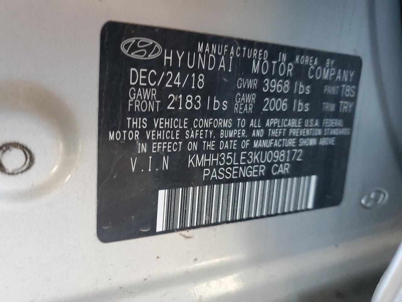 2019 Hyundai Elantra Gt VIN: KMHH35LE3KU098172 Lot: 81202975