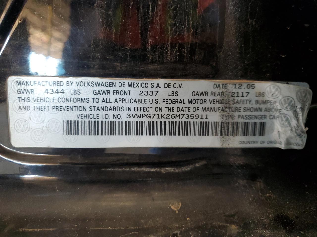 2006 Volkswagen Jetta Value VIN: 3VWPG71K26M735911 Lot: 83827365