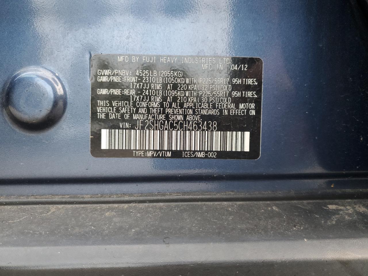 2012 Subaru Forester 2.5X VIN: JF2SHGAC5CH463438 Lot: 80651845