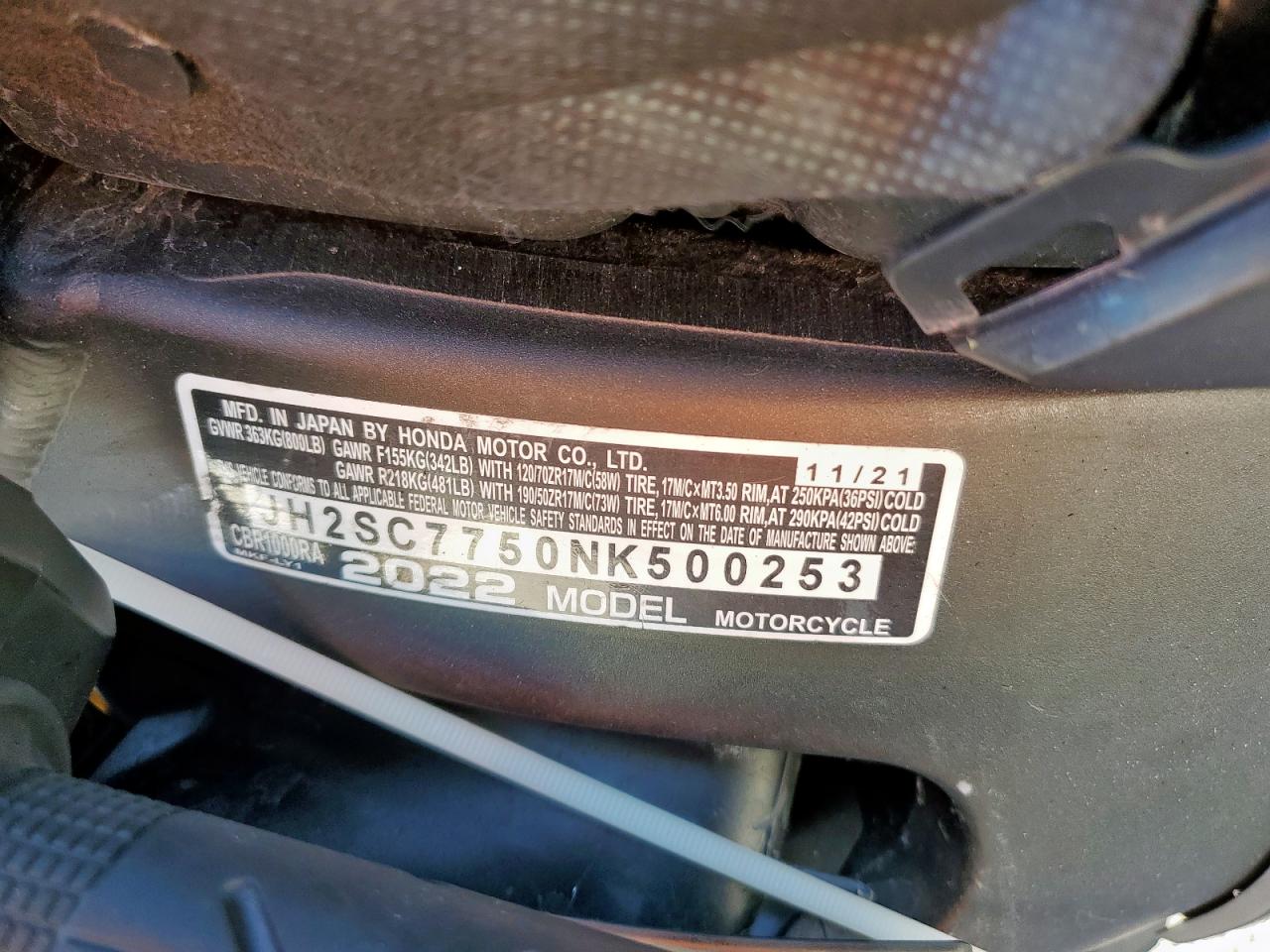 2022 Honda Cbr1000 Ra VIN: JH2SC7750NK500253 Lot: 82147435