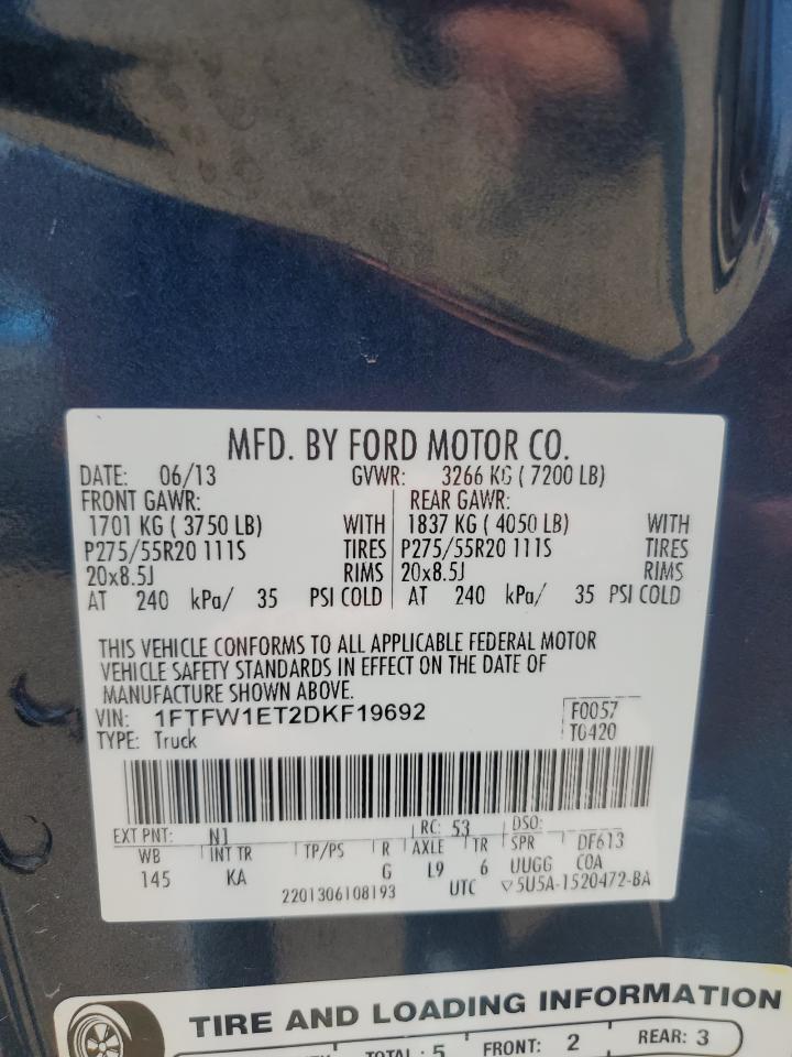 2013 Ford F150 Supercrew VIN: 1FTFW1ET2DKF19692 Lot: 81088455
