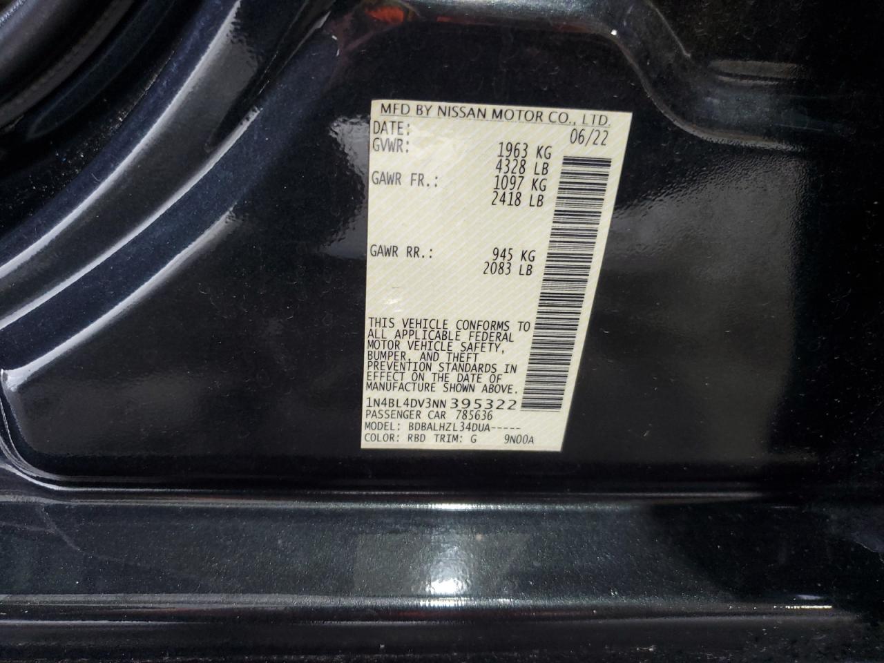 2022 Nissan Altima Sv VIN: 1N4BL4DV3NN395322 Lot: 82149595