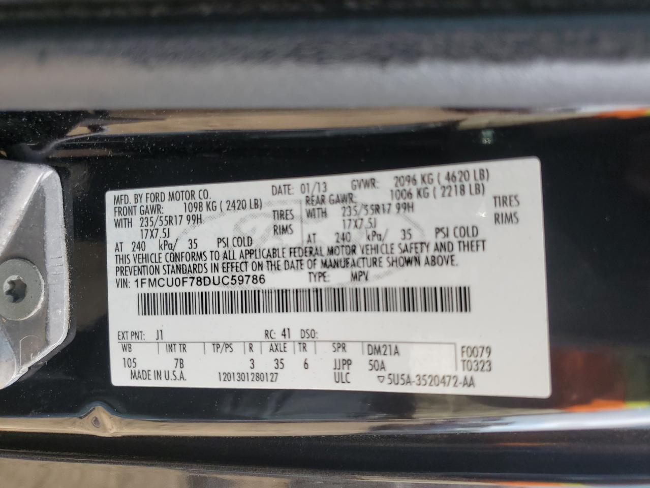 2013 Ford Escape S VIN: 1FMCU0F78DUC59786 Lot: 80626985