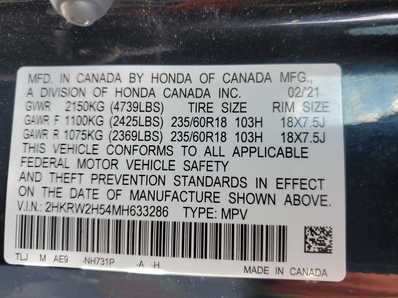 2021 Honda Cr-V Ex VIN: 2HKRW2H54MH633286 Lot: 81503965