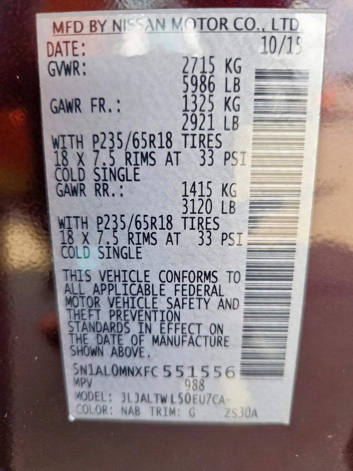 2015 Infiniti Qx60 VIN: 5N1AL0MNXFC551556 Lot: 71217655