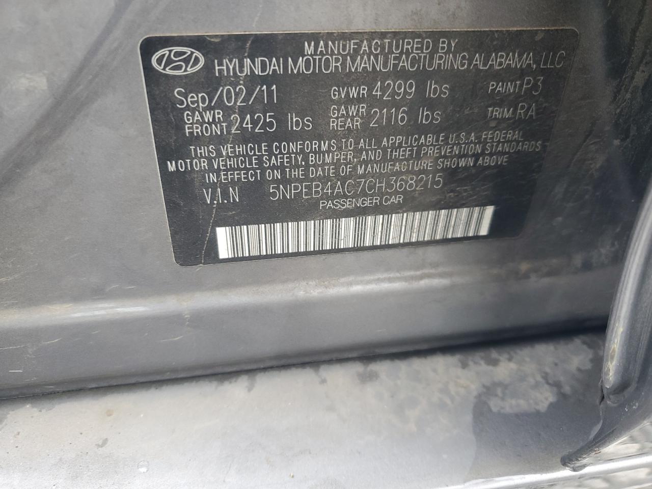 2012 Hyundai Sonata Gls VIN: 5NPEB4AC7CH368215 Lot: 84273475