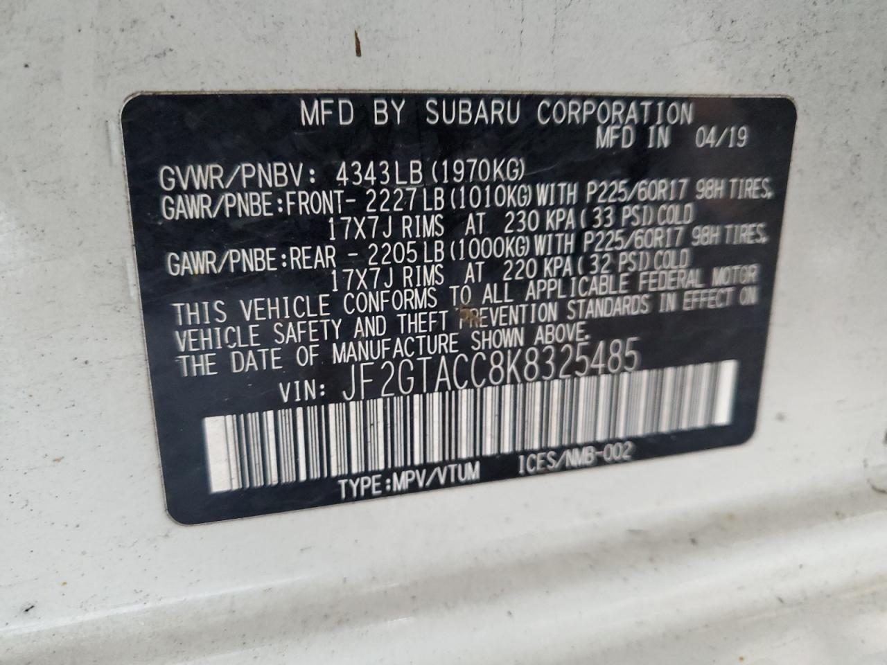 2019 Subaru Crosstrek Premium VIN: JF2GTACC8K8325485 Lot: 71525335