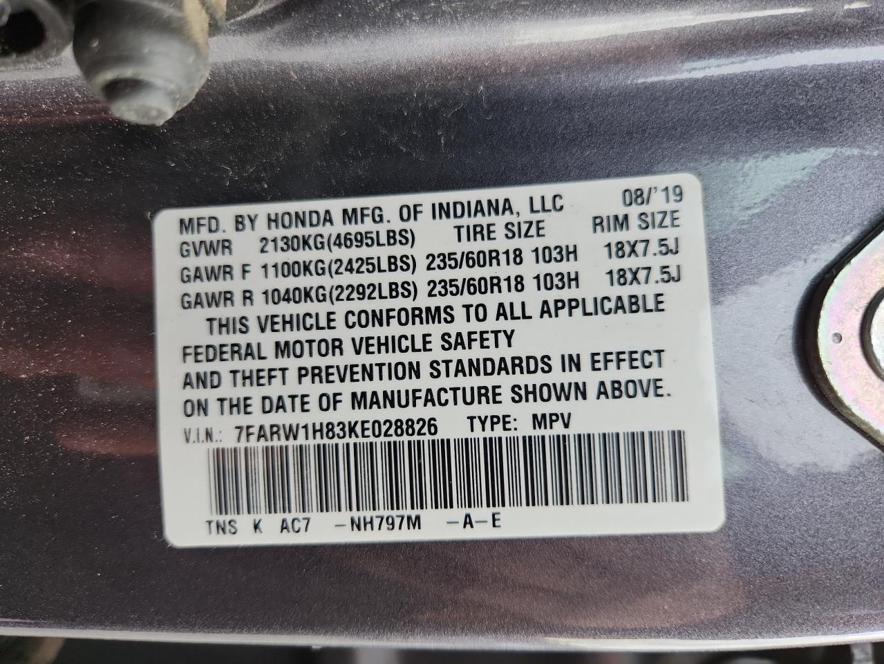 2019 Honda Cr-V Exl VIN: 7FARW1H83KE028826 Lot: 81621945