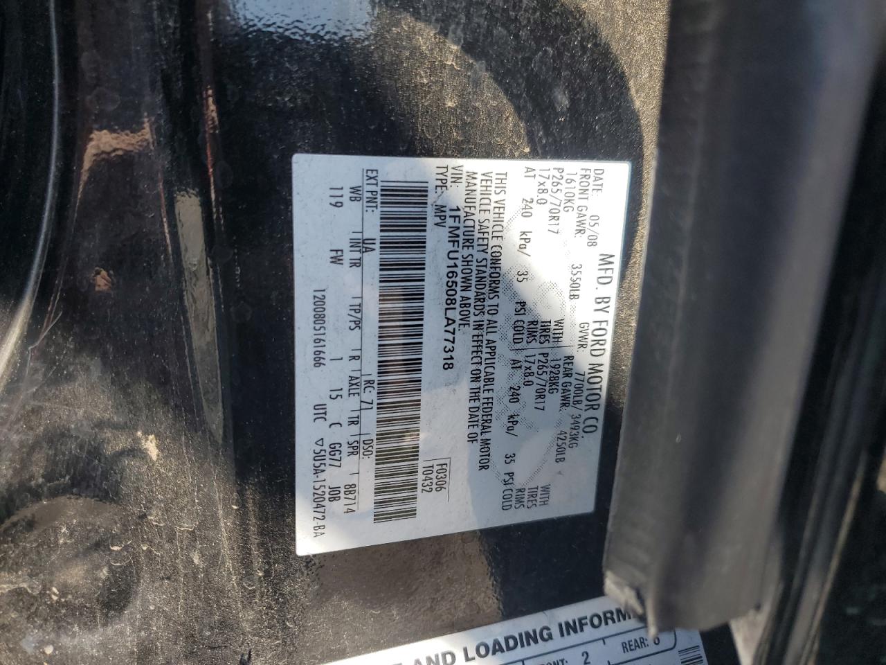 2008 Ford Expedition Xlt VIN: 1FMFU16508LA77318 Lot: 80583055