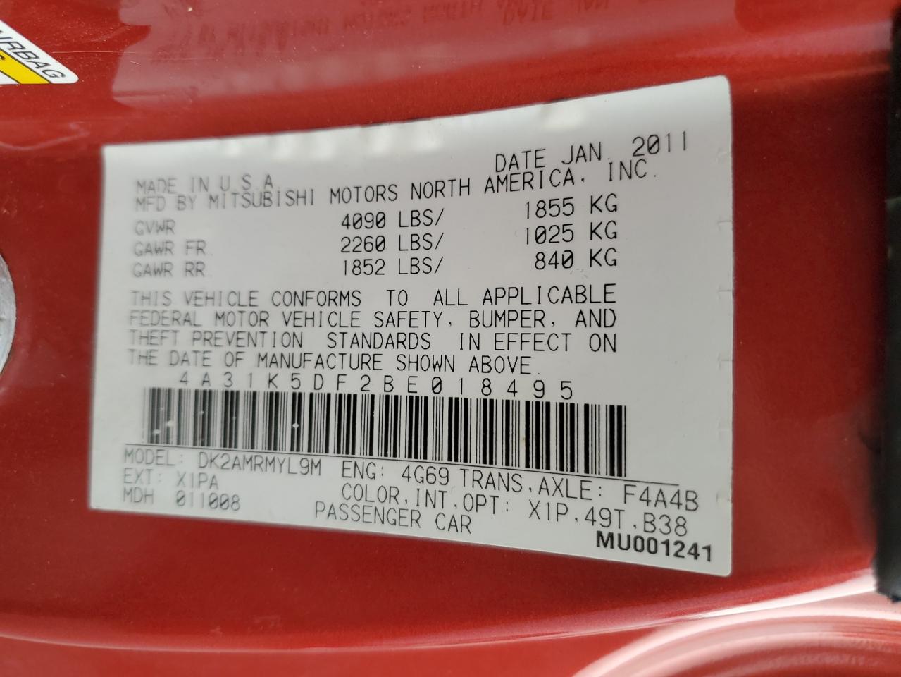 2011 Mitsubishi Eclipse Gs Sport VIN: 4A31K5DF2BE018495 Lot: 71372975