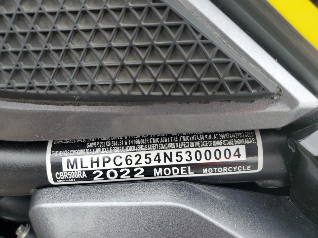 2022 Honda Cbr500 Ra VIN: MLHPC6254N5300004 Lot: 81704415