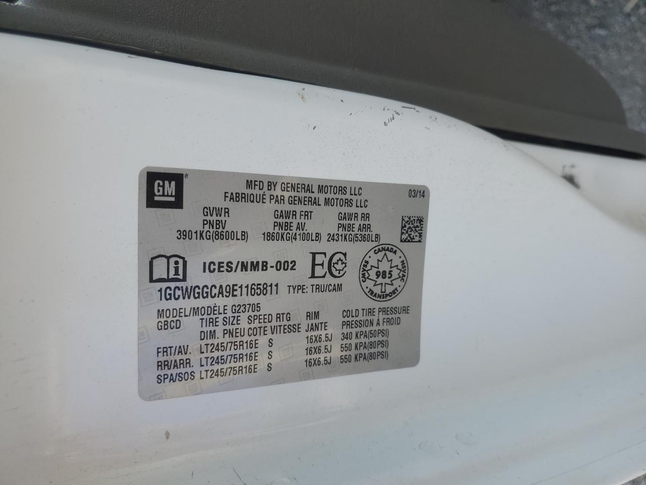 2014 Chevrolet Express G2500 VIN: 1GCWGGCA9E1165811 Lot: 81255595