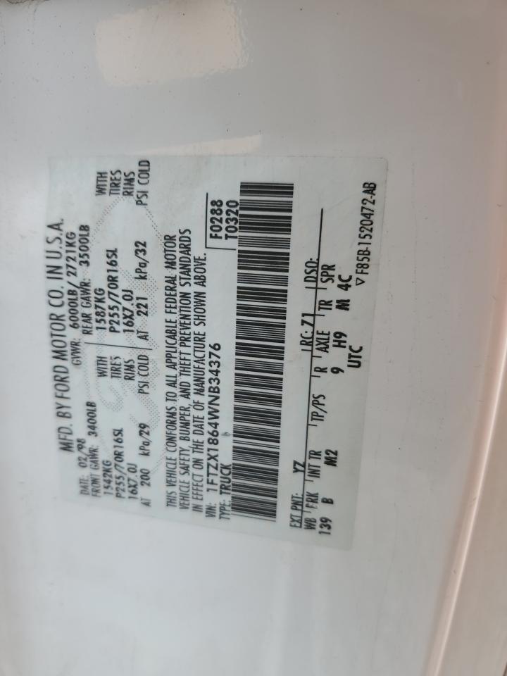 1998 Ford F150 VIN: 1FTZX1864WNB34376 Lot: 84287855