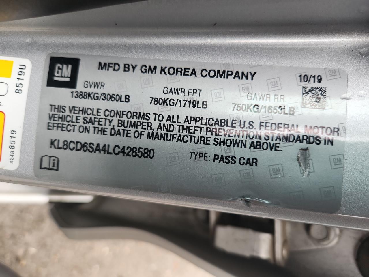 2020 Chevrolet Spark 1Lt VIN: KL8CD6SA4LC428580 Lot: 83794605