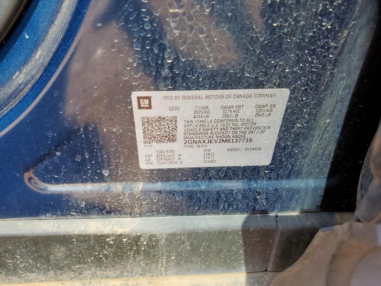 2021 Chevrolet Equinox Lt VIN: 2GNAXJEV2M6137715 Lot: 71084975