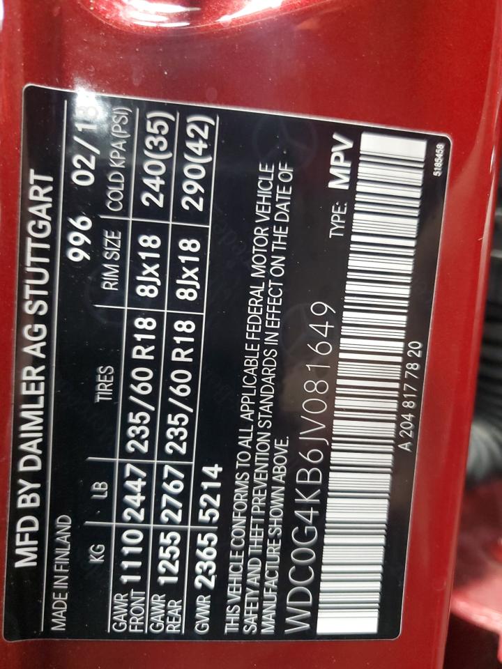 2018 Mercedes-Benz Glc 300 4Matic VIN: WDC0G4KB6JV081649 Lot: 72068285