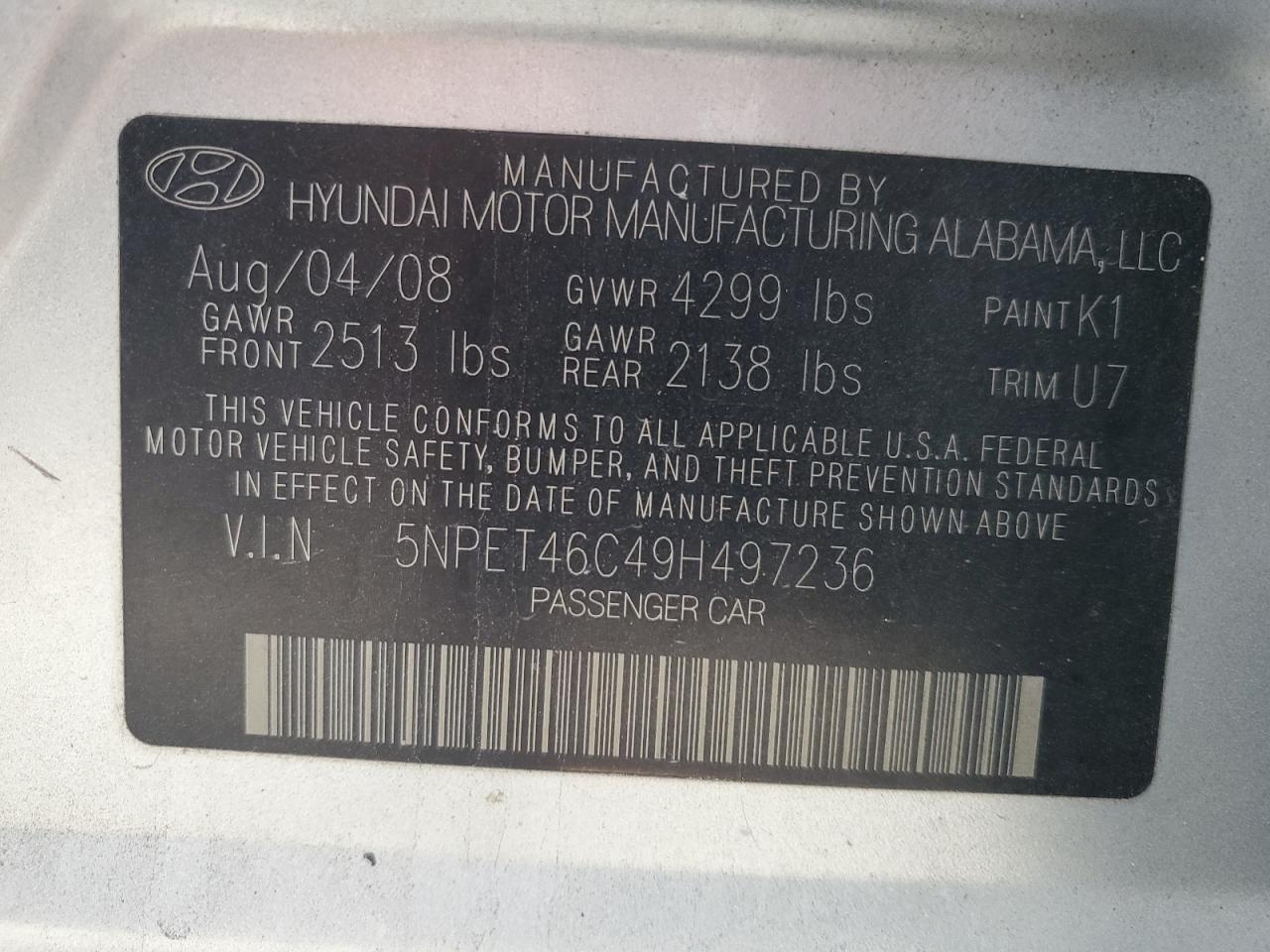 2009 Hyundai Sonata Gls VIN: 5NPET46C49H497236 Lot: 81557685